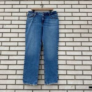 Good American Good Icon High Rise Straight Jeans Natural Fray Hem Indigo261 14